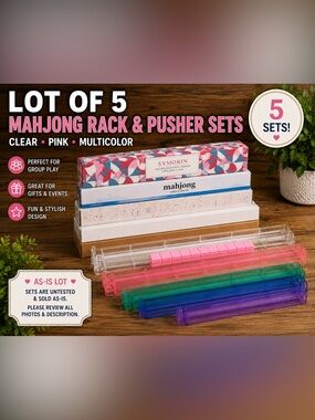 Lot of 5 Mahjong Rack & Pusher Sets Clear Blue Pink Multicolor w/boxes most new.